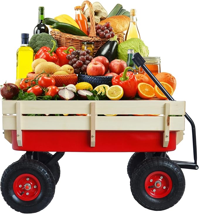 Outdoor Sport Wagon Tool Cart Wooden Side Panels Air Tires Buggy with Adjustable Handle,Detachable Wood Fence,for Outdoor Activities, Beaches, Gardens,Camping,39.37",Red