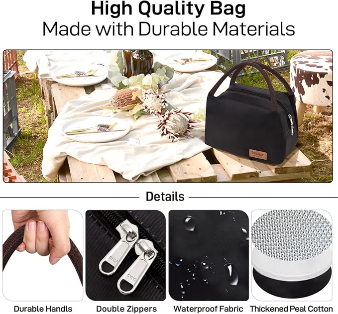 Buringer Insulated Lunch Bag Lunch Box for Women Men Adult Lunch Tote for Work Picnic Travel (Black)