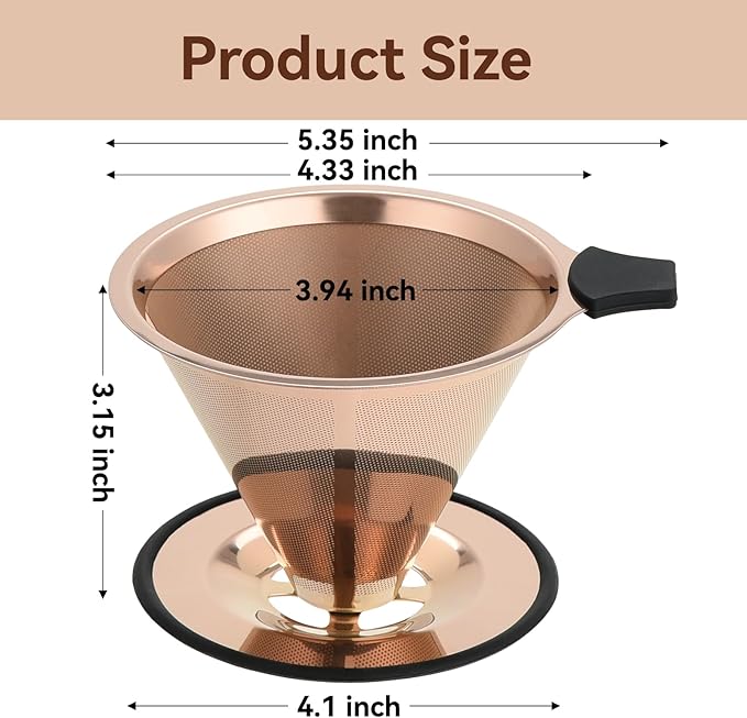 Pour Over Coffee Dripper Filter: Reusable Stainless Steel Coffee Filters - Metal Cone Filter Paperless Single Cup Coffee Maker 1-4 Cup with Double Mesh & Non-slip Cup Stand Rose Gold