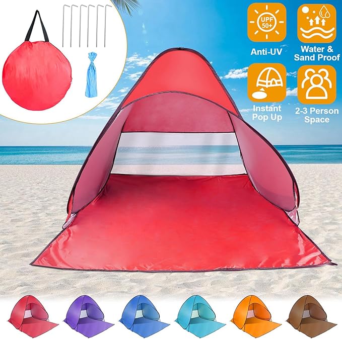 Pop Up Beach Tent for 2-3 Person, UPF50+ Anti-UV Sun Shelter w/Storage Bag, Portable Waterproof Instant Sun Shade Canopy for Outdoor Beach Camping Hiking Travel Family, Red