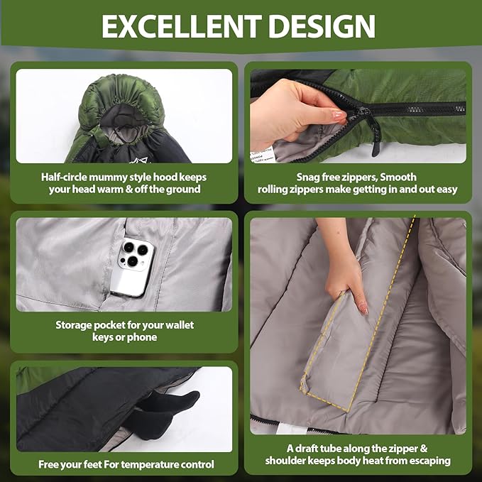 Adult Kids Sleeping Bag - All Season Warm/Cold Weather Lightweight for Camping & Hiking - Compact w/Compression Sack - Portable for Backpacking Travel Indoor - Unisex Boy Girl Man Woman