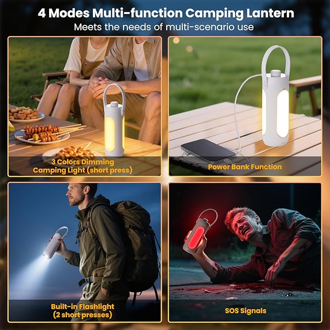4-in-1 Multifunctional Camping Lantern, 10000mAh Rechargeable Power Bank, SOS Red Flashlight, 360° Expandable LED Light for Hiking, Fishing, Emergency, Outdoor Adventure