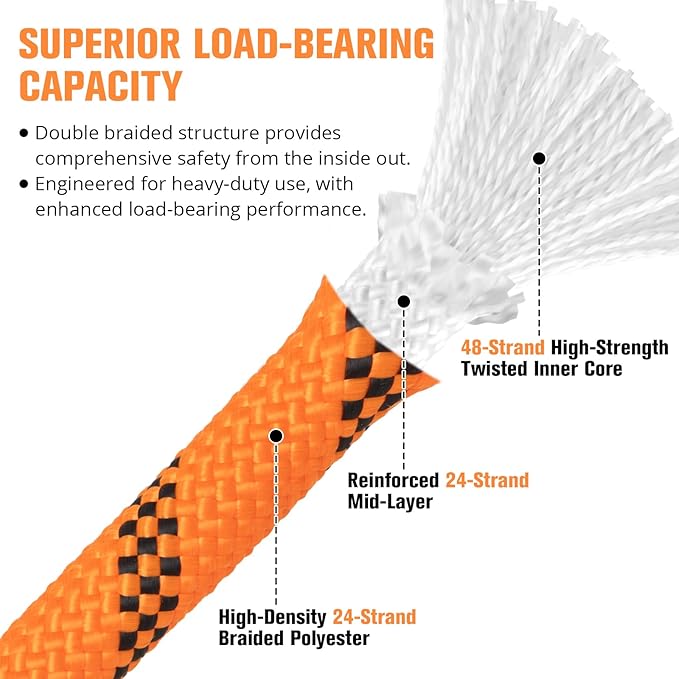 Double Braided Arborist Rigging Rope - 3/8 in X 100 ft 48 Strands Outdoor Pulling Heavy Duty Polyester Bull Rope for Swing Tree Work Camping Rescue Hiking - Orange