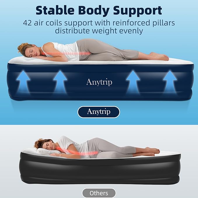 Queen Air Mattress with Built-in Pump Raised,18.5" Leakproof Blow Up Mattress,Portable Inflatable Air Bed with Waterproof Flocking Top for Home,Camping and Guests