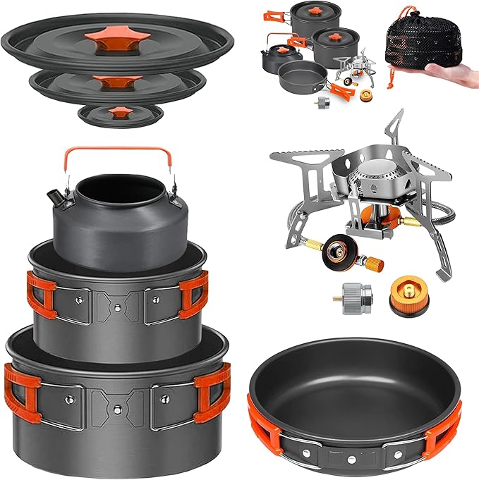 Camping Cookware Mess Kit Set with Stove - Backpacking Camping Pots and Pans Set, All in One Non-Stick Camping Cooking Set, Portable Stove, Hiking, Picnic, Outdoor & Camping Cookware Set