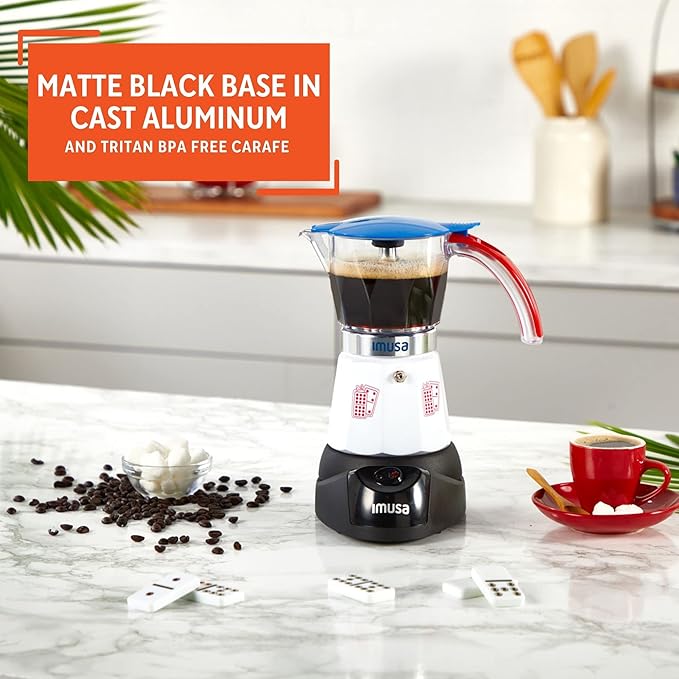 Imusa Special Edition Electric Cuba/Domino themed Espresso Maker, 3 or 6 Cups, White, Red, Blue