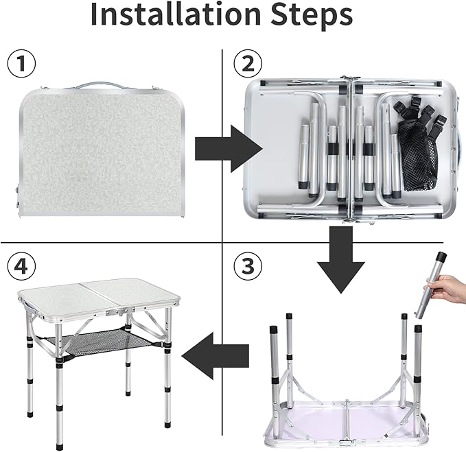 Small Folding Camping Table, 3 Heights Adjustable Portable Camp Table, 2Ft 24''L x 16''W Aluminum Foldable Picnic Table with Mesh Layer, White Folding Table for Outdoor Indoor Beach BBQ