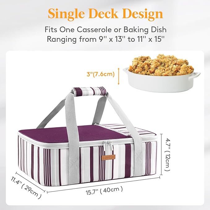 Insulated Casserole Carrier for Hot or Cold Food, Lasagna Lugger Tote for Potluck Parties/Picnic/Cookouts, Fits 9"×13" Baking Dish, Purple