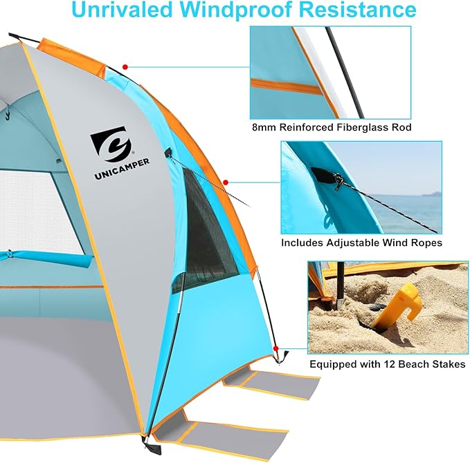 Beach Tent 2-3 Person Sun Shelter UPF 50+ with Extended Waterproof Pe Floor & 3 Mesh Roll Up Windows Fits, Portable Beach Shade Easy Setup for Outdoor Camping, Indoor, Fishing, Yard. (Blue)