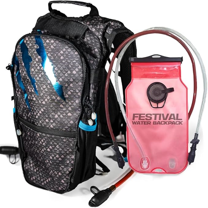 RAVERUNNER® Dino Festival Water Backpack - Dual Chamber Hydration - 3L Insulated Water Backpack for Raves, Festivals, Hiking, Running - Festival Hydration Pack for Hydration Backpack Rave
