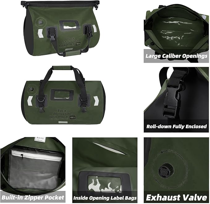 Waterproof Duffel Bag for Men/Women, Roll-top Dry Backpack Duffel Bag with Quick-fixed Straps, Motorcycle Tail Saddle Bag for Motorcycling, Rafting, Boating, Kayaking, Travel, 66L-Green