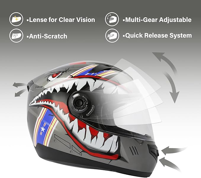 TCT-MOTORPARTS DOT Youth Kids Motocross Helmet ATV Full Face Helmets for Offroad Street Dirt Bike Go-Kart BMX MX Gray Shark Mouth Medium