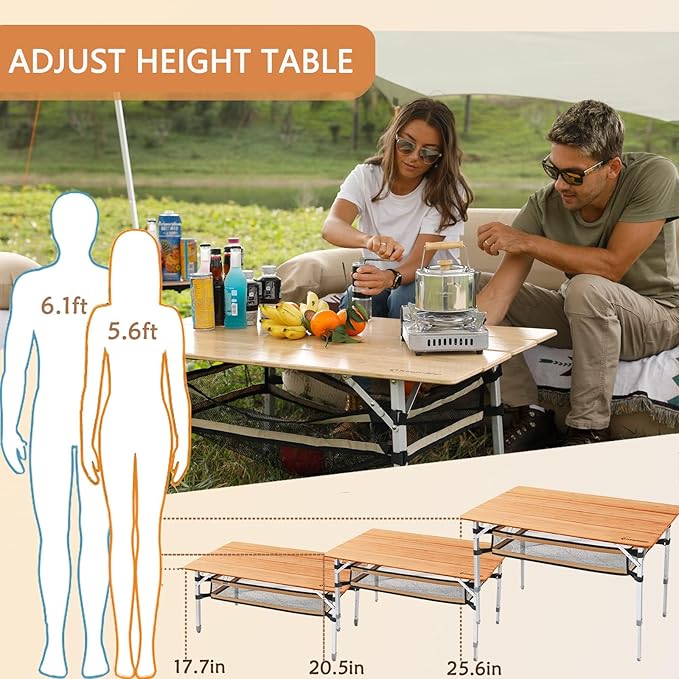 KingCamp Lightweight Stable Bamboo Folding Camping Table Bamboo Outdoor Folding Tables Adjustable Height Portable Picnic