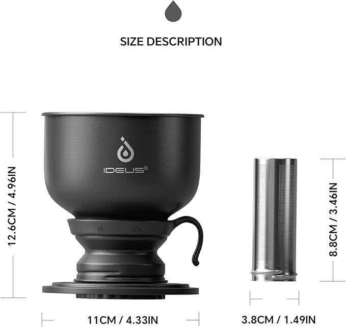IDEUS Brew Pour Over Dripper, Portable Stainless Steel Reusable Filter Manual Camp Coffee Maker BPA-Free for Home, Office & Camping (Camp Dripper-Black)