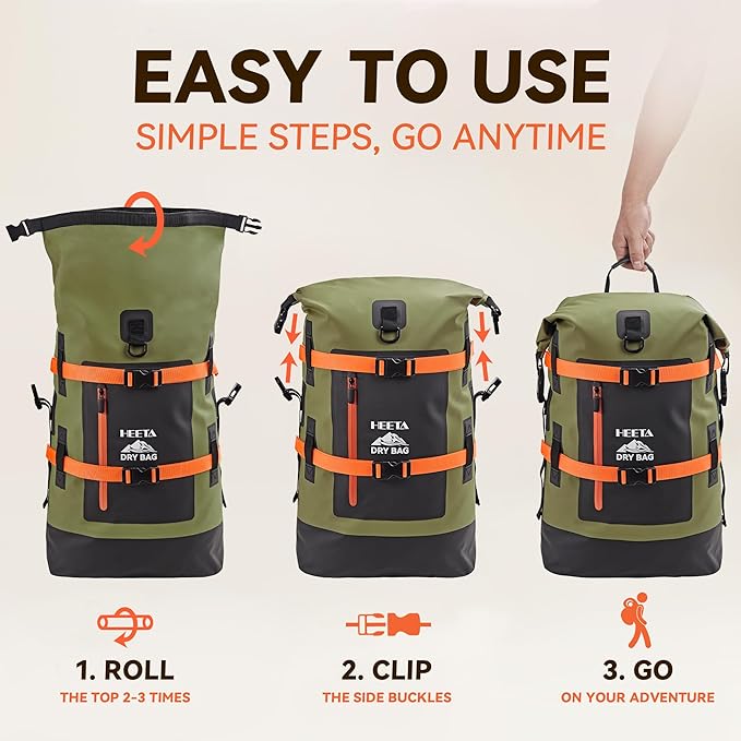 HEETA Waterproof Dry Bags Backpack 40L for Men & Women, Roll Top Heavy Duty Cushioned Hiking Backpack for Kayaking Boating Paddle Boarding Fishing Travel Camping Beach Vacation Cruise Ship Essentials
