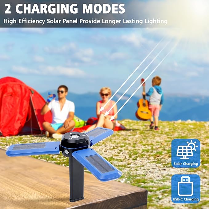 Rechargeable Solar Camping Light with Stand, Portable Cordless Work Light with 3 LED Lamp Heads, 5 Dimmable Lighting Modes, 82" Telescoping Tripod