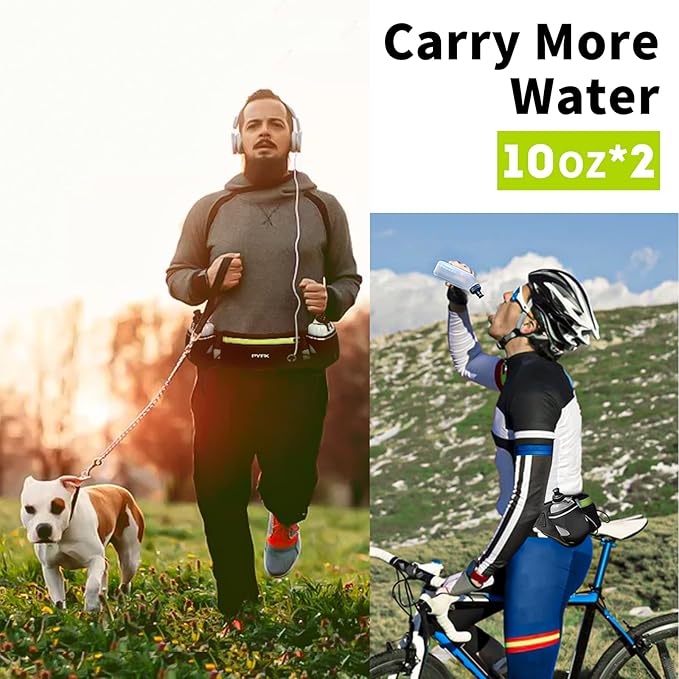 PYFK Upgraded Running Belt with Water Bottles, Hydration Belt for Men and Women, Water Bottle Holder Running Pouch Belt, Fanny Pack Fits 7 inches Phones, Waist pack for Running Hiking Climbing
