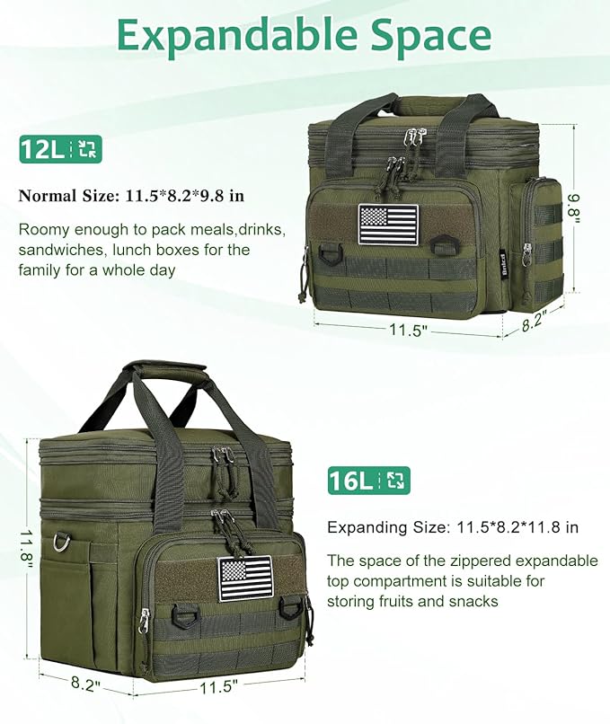 Tactical Lunch Box for Men, Expandable Large Insulated Lunch Bag for Adult, Heavy Duty Double Deck Lunch Cooler Bag with Shoulder Strap Leakproof Waterproof Lunch Tote for Travel Work Office - Green
