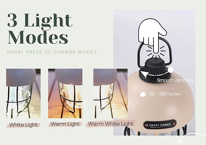 Crazy Power Camping Lantern Rechargeable LED Camping Light Premium Vintage Light 4500 mAh High Capacity Dimmable 3 Light Modes Waterproof for Camping Hiking Fishing Power Outages (CPG100 Green)