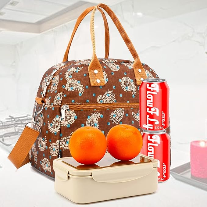 FlowFly Insulated Lunch Bag With Shoulder Strap for Women, Men, and Kids, Large and Reusable, Handle, Freezable Work and School Travel Tote and Meal Prep Organizer,Cashew