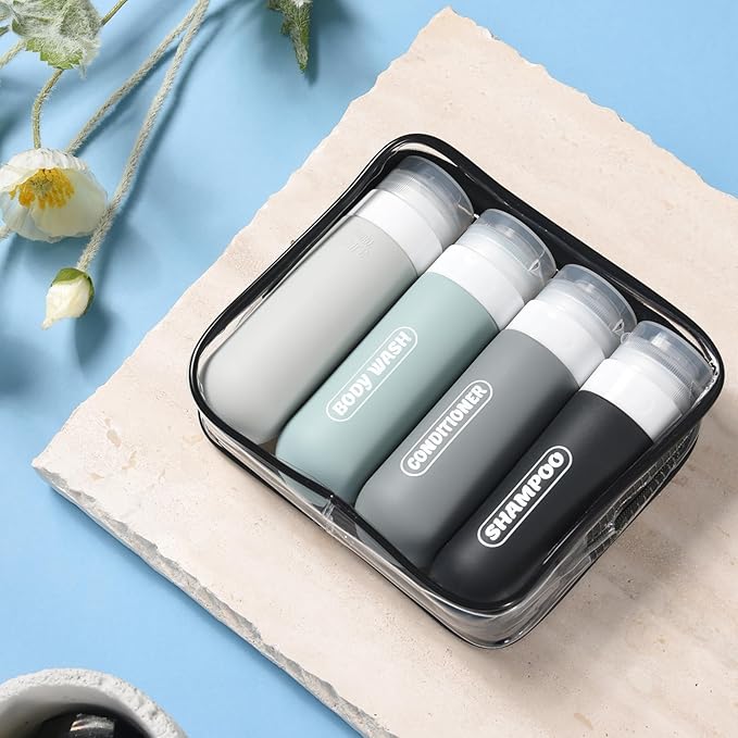 Silicone Travel Bottles for Toiletries with Labels, 3oz TSA Approved Squeezable Travel Size Containers, Leak Proof Travel Shampoo and Conditioner Bottles with Toiletry Bag (4 Pack, Dark Color)