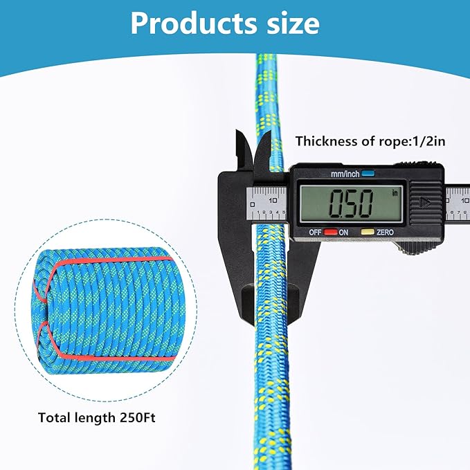 Arborist Rigging Rope - Blue 1/2 in x 250 Ft Static Bull Rope for Climbing Tree Felling Pulling Various Outdoor Applications Construction Swing Sailing