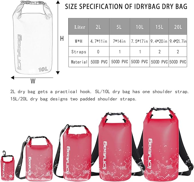 IDRYBAG Clear Dry Bag Waterproof 2L/5L/10L/15L/20L, Small Dry Sack Waterproof Bag for Kayaking
