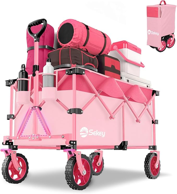 Sekey 220L Collapsible Foldable Wagon with 330lbs Weight Capacity, Heavy Duty Folding Wagon Cart with Big All-Terrain Wheels & Drink Holders (Barbie Pink)