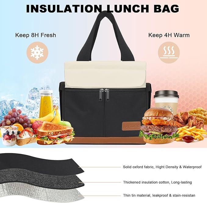 Joymee Lunch Box for Men Insulated Lunch Bag Women with Shoulder Strap Reusable Leakproof Large Spacious Lunch Cooler Tote for Women Adult with Bottle Holder and Side Pockets for Work - Black
