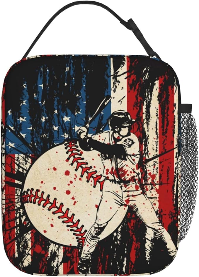 Baseball Stitches American Flag Insulated Lunch Bag, Baseball Sport Lunch Box Tote Cooler Reusable Lunch Pail Adjustable Shoulder Strap and Side Pocket Outdoors Meal Bag For Women