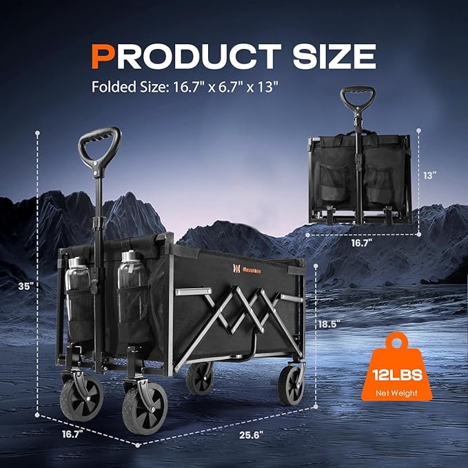 Navatiee Portable Foldable Collapsible Wagon with Wheels, 220lbs Weight Capacity Utility Grocery Shopping Cart, Lightweight Mini Folding Wagon for Outdoor, Black