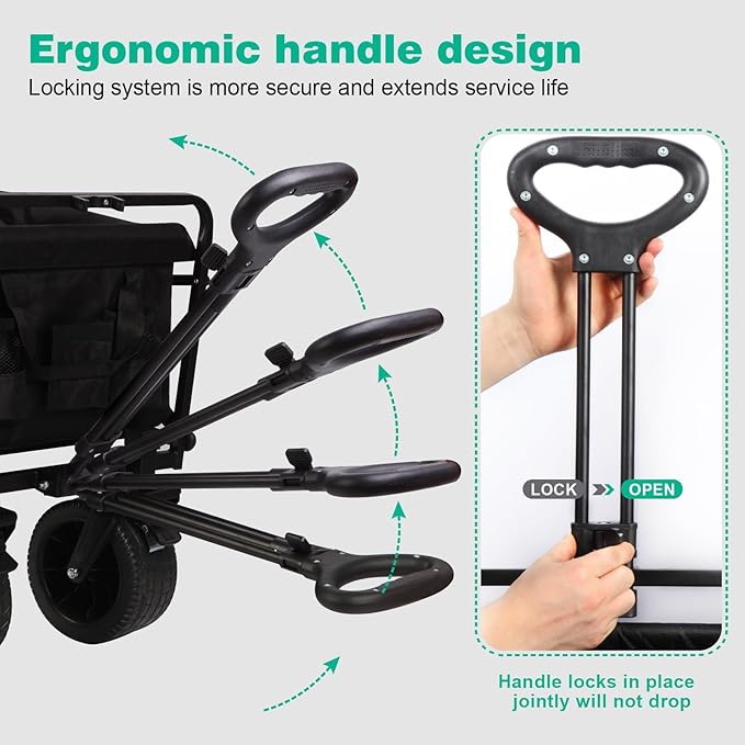 MMQ Heavy-Duty Folding 550 Lbs Collapsible Wagon with Big Wheels - Robust Construction, Spacious Interior, Adjustable Rolling Carts, Outdoor Folding Camping Wagons, Portable Utility Cart (Black)