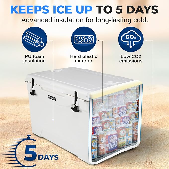 SereneLife 75-Quart Heavy-Duty Portable Cooler Box – Holds 63 Cans, 2L Bottles Upright – 5-Day Ice Retention – Rugged Ice Chest for Camping, Tailgating, Fishing, Beach & Outdoor Use (White)