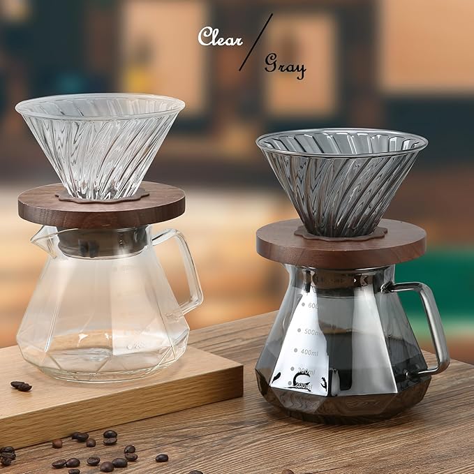 Pour Over Coffee Maker, 20 oz Borosilicate Glass Carafe with 100 pcs V60 Paper Filter, Walnut Handle & Glass Lid, Drip Coffee Maker for Home Café Restaurant Camping, 600 ml, Gray