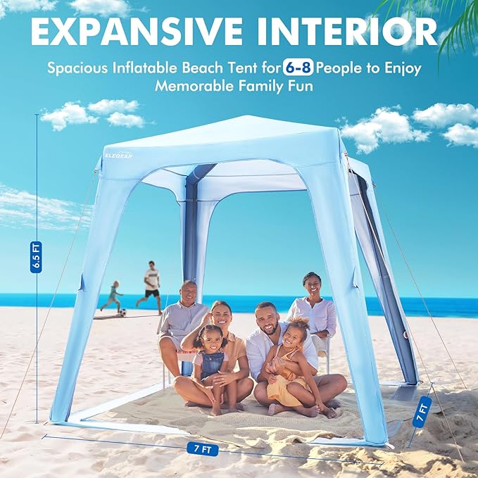 Elegear Inflatable Beach Canopy Tent, 7'x7' Beach Cabana, 30s Setup UPF 50+ UV Protection Portable Blow Up Tent Sun Shade Shelter with Side Curtain, for Camping Fishing Backyard Picnics - 6-8 Person