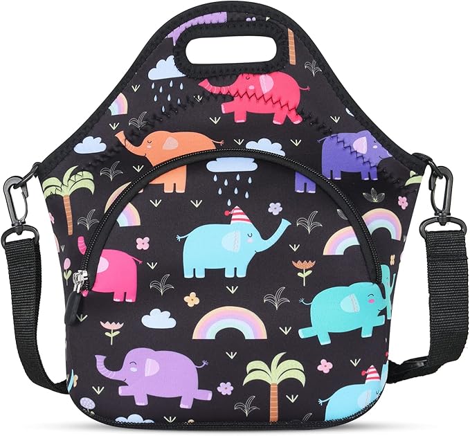 Violet Mist Neoprene Lunch Bag Reusable Insulated Cartoon Elephant Snack Bags, Unisex, 12.6"L x 11.8"H x 6.3"W, Non-Toxic, Eco-Friendly, Durable, Adjustable Shoulder Strap