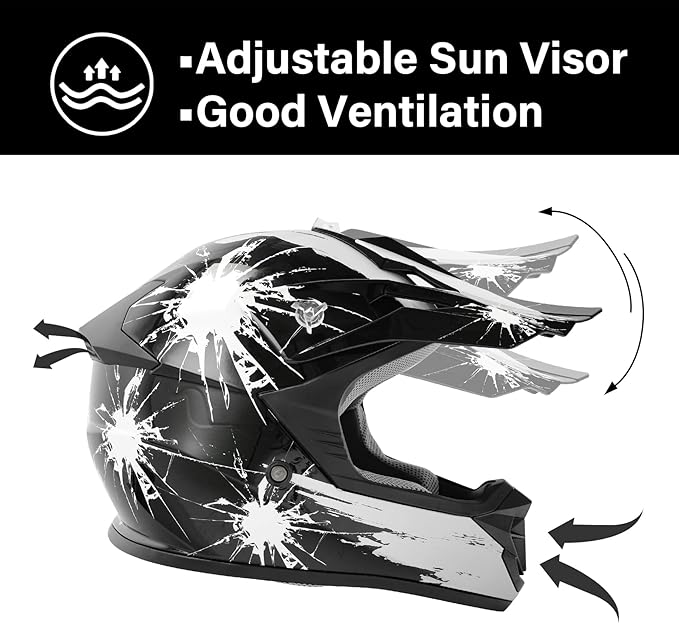 TCT-MOTORPARTS DOT Youth Kids Motocross ATV Helmets Offroad Street Dirt Bike Go-Kart BMX MX Full Face Helmet Black w/White Fireworks Large Size