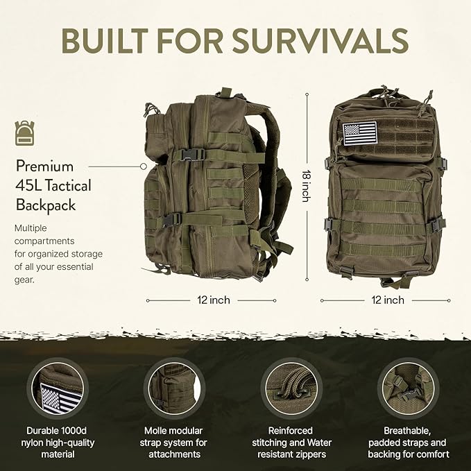 72-Hour Survival Kit | 45L Bug Out Bag | Survival Gear with First Aid, Water Filter, Food, Tools | Camping, Hiking, Outdoor Preparedness Equipment