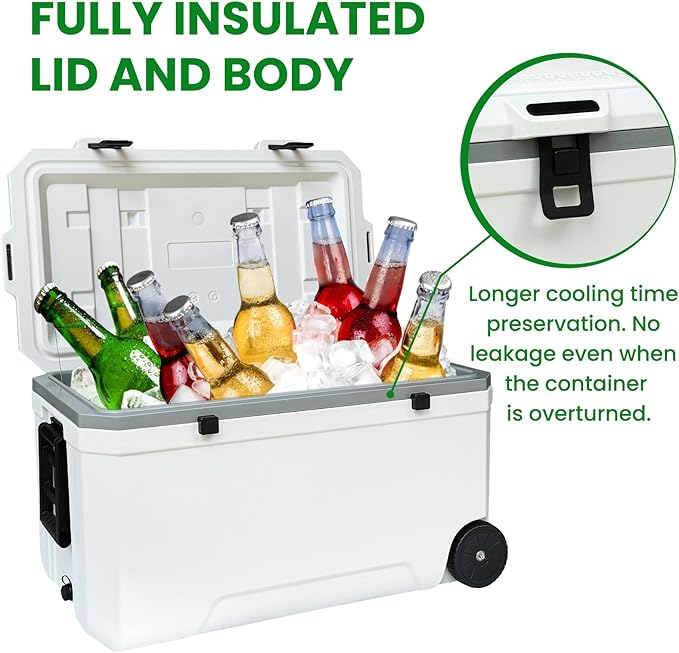 34-127 Quart Insulated Portable Cooler with Heavy Duty Wheels Keeps Ice for up to 5 Days, Great for Drink, Beach, Camping, Tailgating, Sports, & More