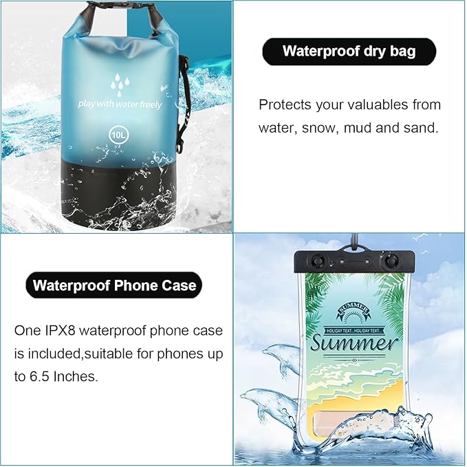 Waterproof Dry Bag,5L/10L/20L Roll Top Lightweight Dry Storage Bag Backpack with Waterproof Phone Case for Travel,Swimming,Boating,Kayaking,Fishing,Camping and Beach (Blue 1pcs, 10L)