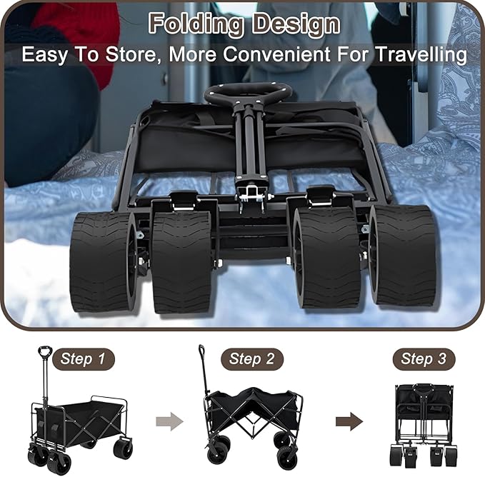 300L Collapsible Wagon with Wheels,500lbs Extra Long Fold Up Wagons Carts,Folding Wagon Cart with Adjustable Handle,with Side Pocket and Brakes for Grocery Shopping Camping Outdoor Sports Beach Garden