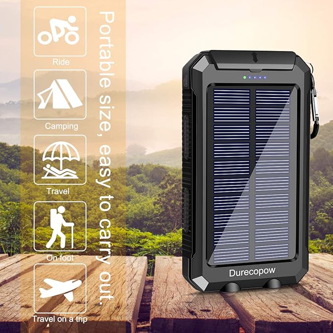 Solar Charger Power Bank, 20000mAh Portable Outdoor Waterproof Solar Battery Charger, Camping External Backup Battery Pack USB C Ports Input/Output, 2 Led Light Flashlight with Compass (Black)