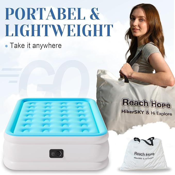 Queen Air Mattress with Built in Pump, Self Inflatable Air Bed Queen, 18" Height Portable Mattress, Blow up Airbed for Camping and Guests. (18" Height, Light Blue).