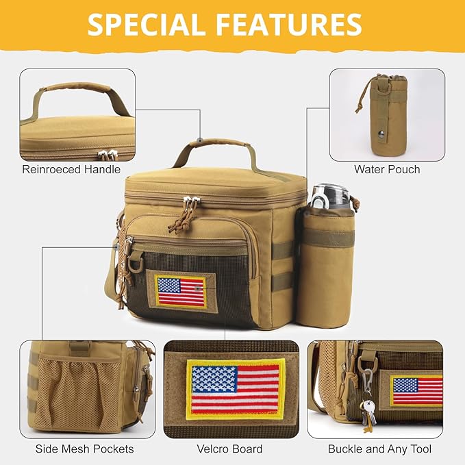 Tactical Reusable Lunch Bag for Men/Women - Insulated Lunch Box Leakproof Lunch Pail Freezable with Adjustable Shoulder Strap,Lunch Cooler Bag for Work Office Picnic Beach，Brown