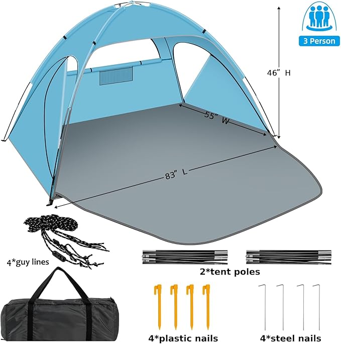 Beach Tent Sun Shelter, Beach Shade Tent with UPF 50+ UV Protection for 2-3 Person, Portable & Easy Setup Cabana, 3 Roll Up Doors & 8mm Fiberglass Rods, Carry Bag Included