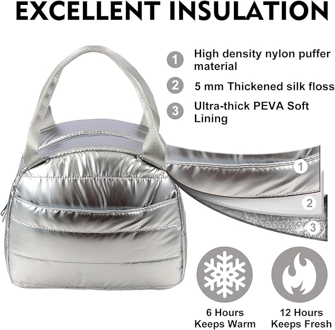 Lunch Bag Lunch Box for Women Men Adult Insulated Cute Small Quilted Puffer Lunchbox Reusable Thermal Lunch Cooler Tote Bag for Work, Picnic or Travel-Silver