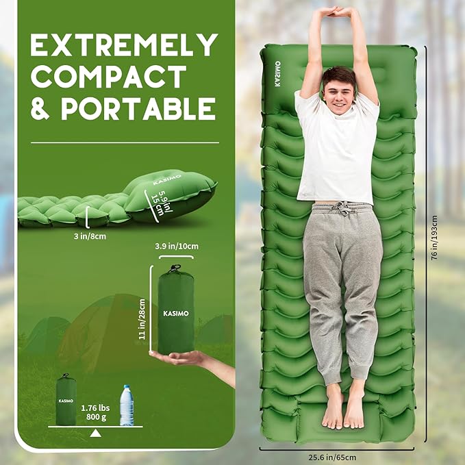 KASIMO Camping Sleeping Pad, Ultralight Camping Mat with Pillow Built-in Foot Pump Inflatable Sleeping Pads Compact for Camping Backpacking Hiking Traveling Tents