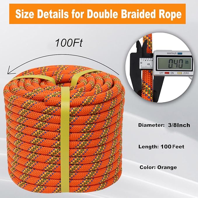 Braided Arborist Rope - 3/8 Inch x 100 Feet Polyester High Strength Climbing Rope for Tree Work, Halyard, Sailing (Orange)