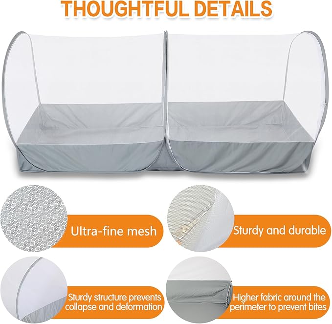 Pop Up Mosquito Net for Bed - Portable Mosquito Tent with Dense Mesh - Bed Tent with Easy Fold Durable Mesh for Camping, Travel, Bunk Beds and Home Protection (White Gery)