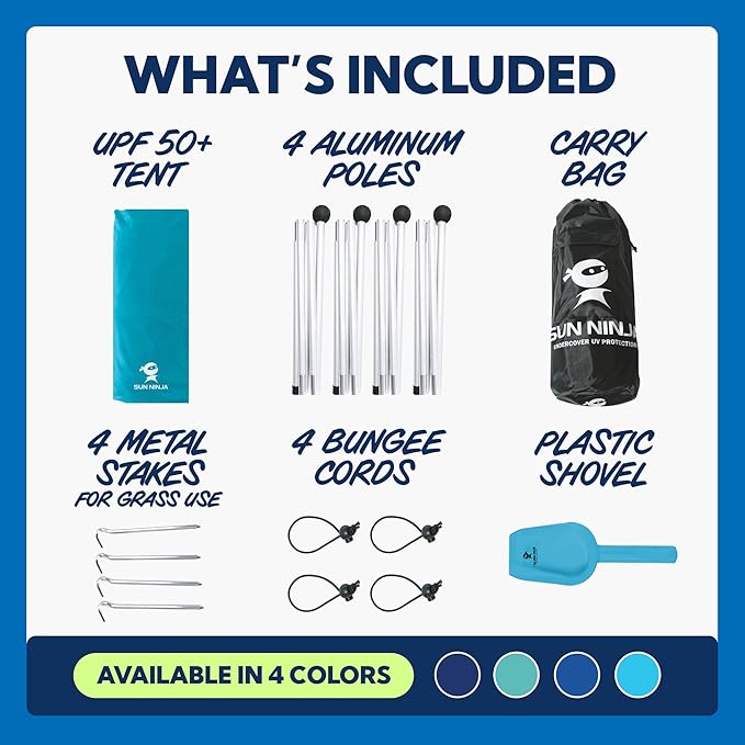 SUN NINJA Beach Tent Shelter with UPF50+ Protection, Includes Sand Shovel, Ground Pegs, Stability Poles, Outdoor Pop Up Shade Canopy for Camping, Fishing, Backyard Fun (Navy, 5x5 FT 4 Pole)